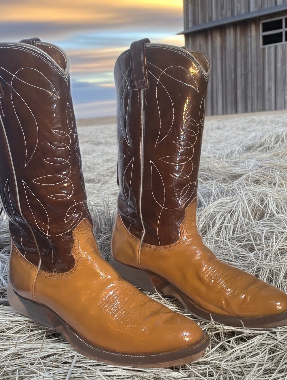 Vintage Nocona 2 Tone Patent Leather Cowboy Boots, 8D Tan Brown Superb Condition